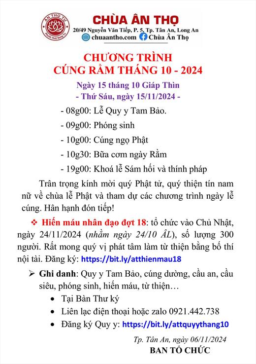 Chương trình cúng Rằm tháng 10 - 2024