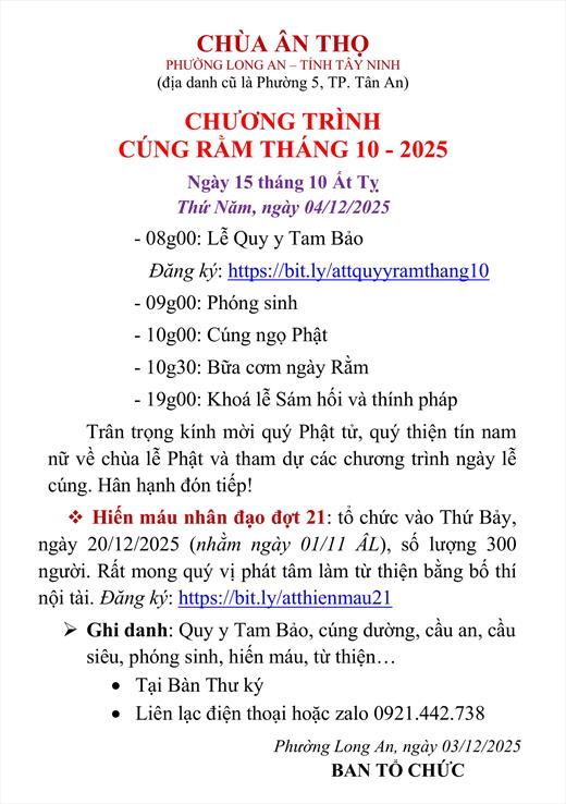 CHƯƠNG TRÌNH CÚNG RẰM THÁNG 10 - 2025
