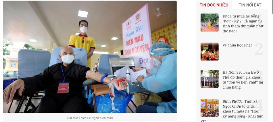 Báo Giác Ngộ đăng tin Chùa Ân Thọ tổ chức hiến máu tình nguyện đợt 7