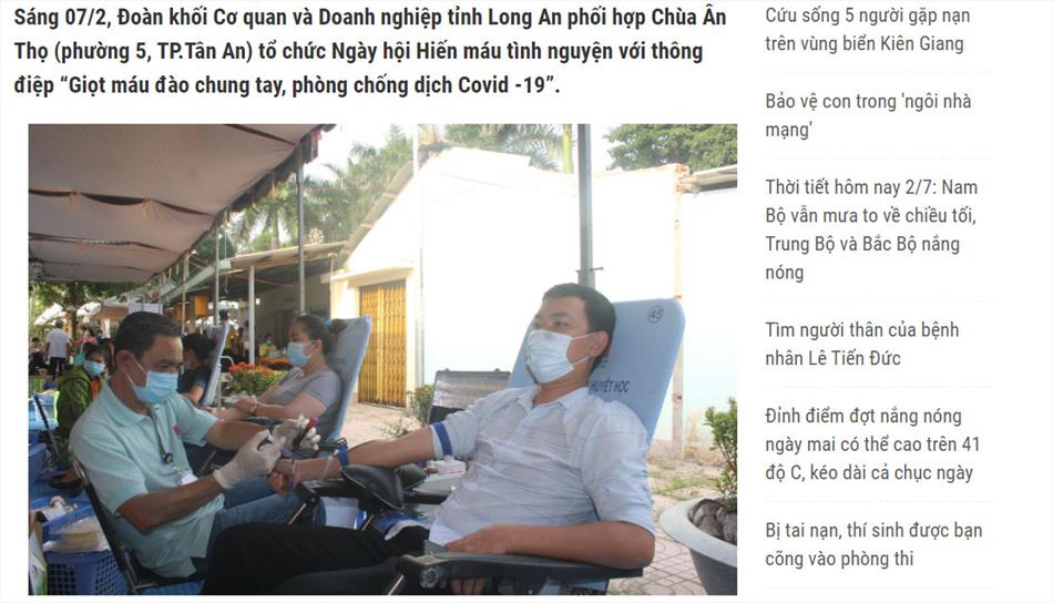 Báo Long An đăng tin về Ngày Hội hiến máu tình nguyện tại Chùa Ân Thọ