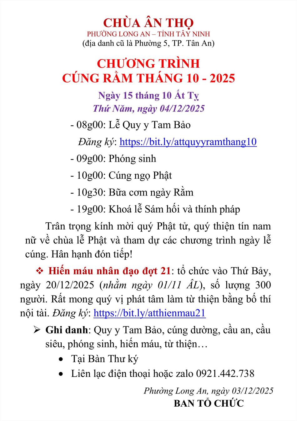 CHƯƠNG TRÌNH CÚNG RẰM THÁNG 10 - 2025