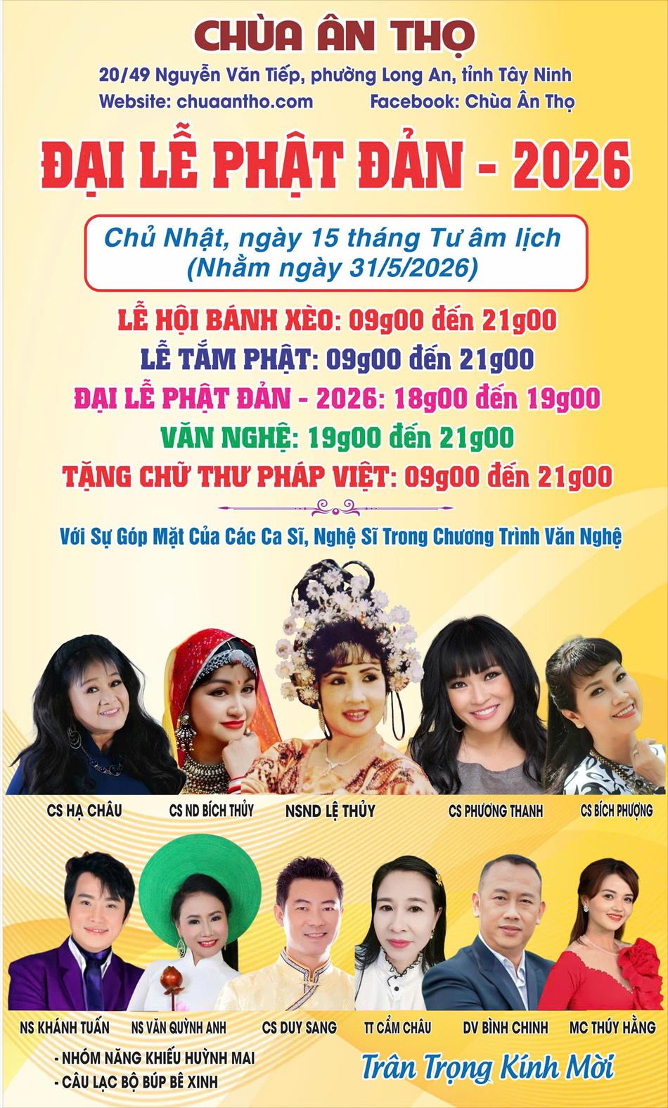 CHƯƠNG TRÌNH ĐẠI LỄ PHẬT ĐẢN NĂM 2026 TẠI CHÙA ÂN THỌ