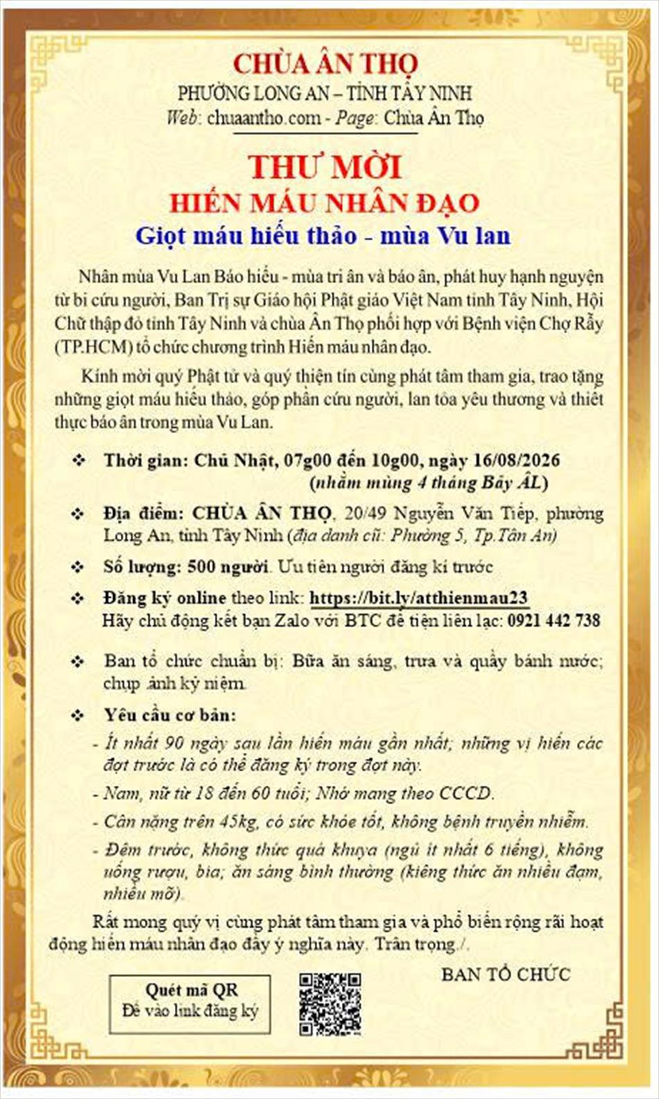 THƯ MỜI HIẾN MÁU NHÂN ĐẠO, chủ đề “Giọt máu hiếu thảo - mùa Vu lan”