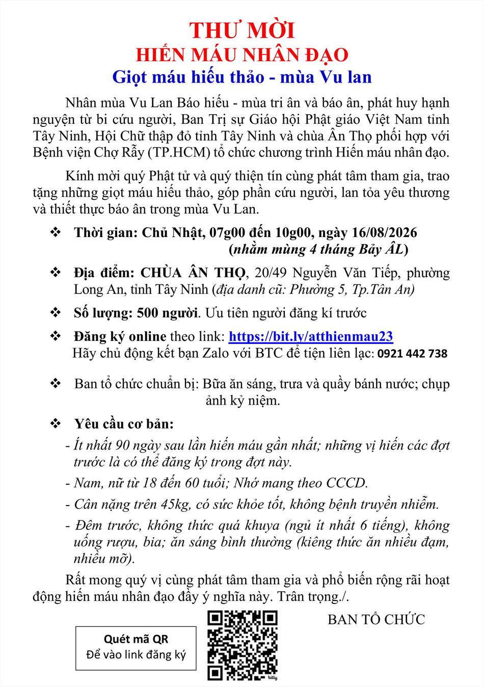 THƯ MỜI HIẾN MÁU NHÂN ĐẠO, chủ đề “Giọt máu hiếu thảo - mùa Vu lan”