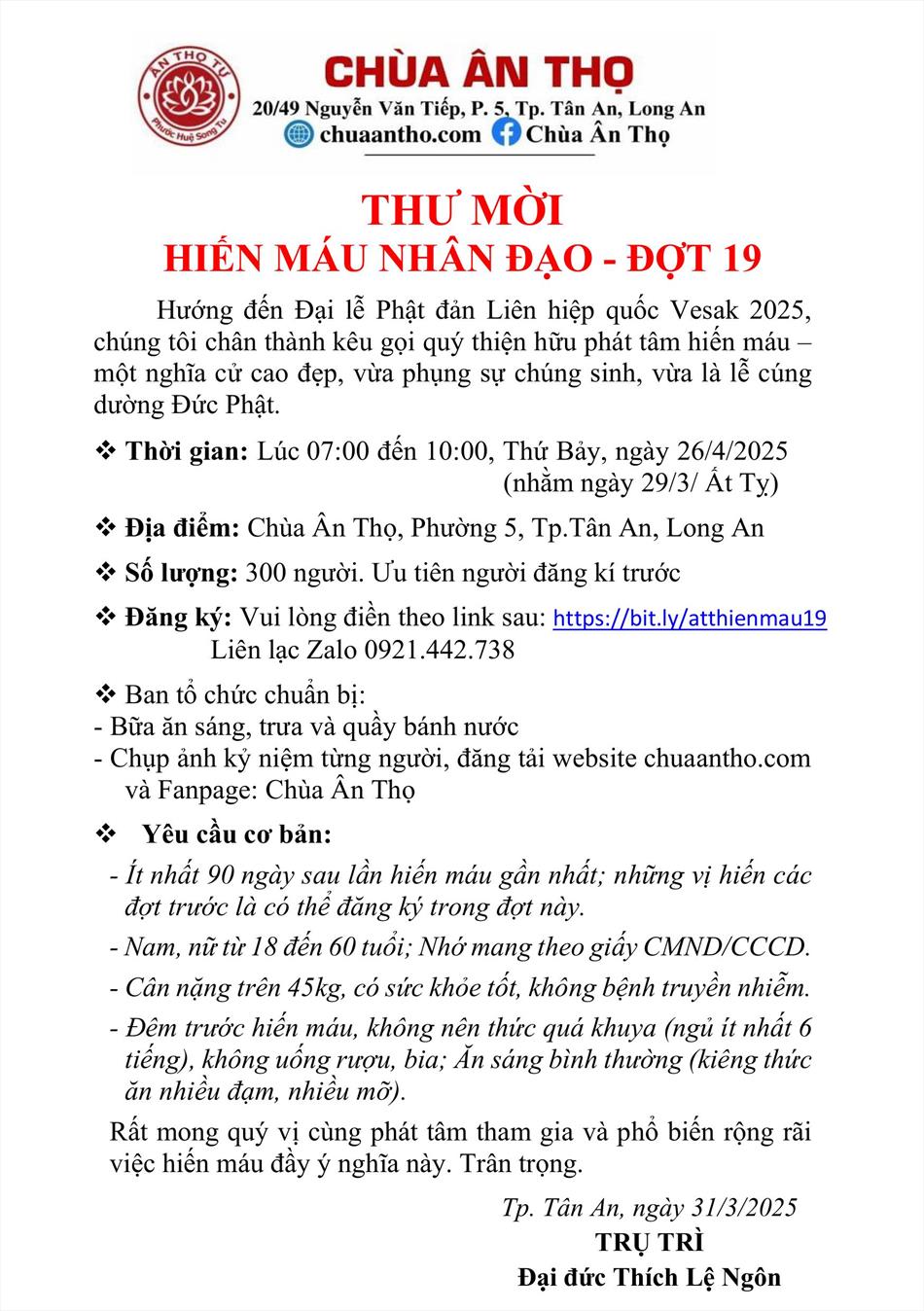 THƯ MỜI HIẾN MÁU NHÂN ĐẠO - ĐỢT 19 THƯ MỜI HIẾN MÁU NHÂN ĐẠO - ĐỢT 19