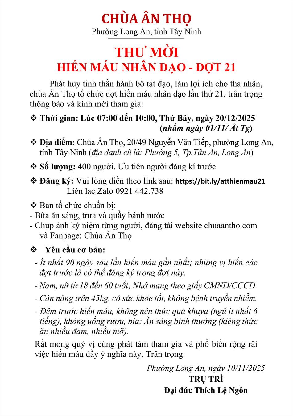 Thư mời hiến máu nhân đạo đợt 21