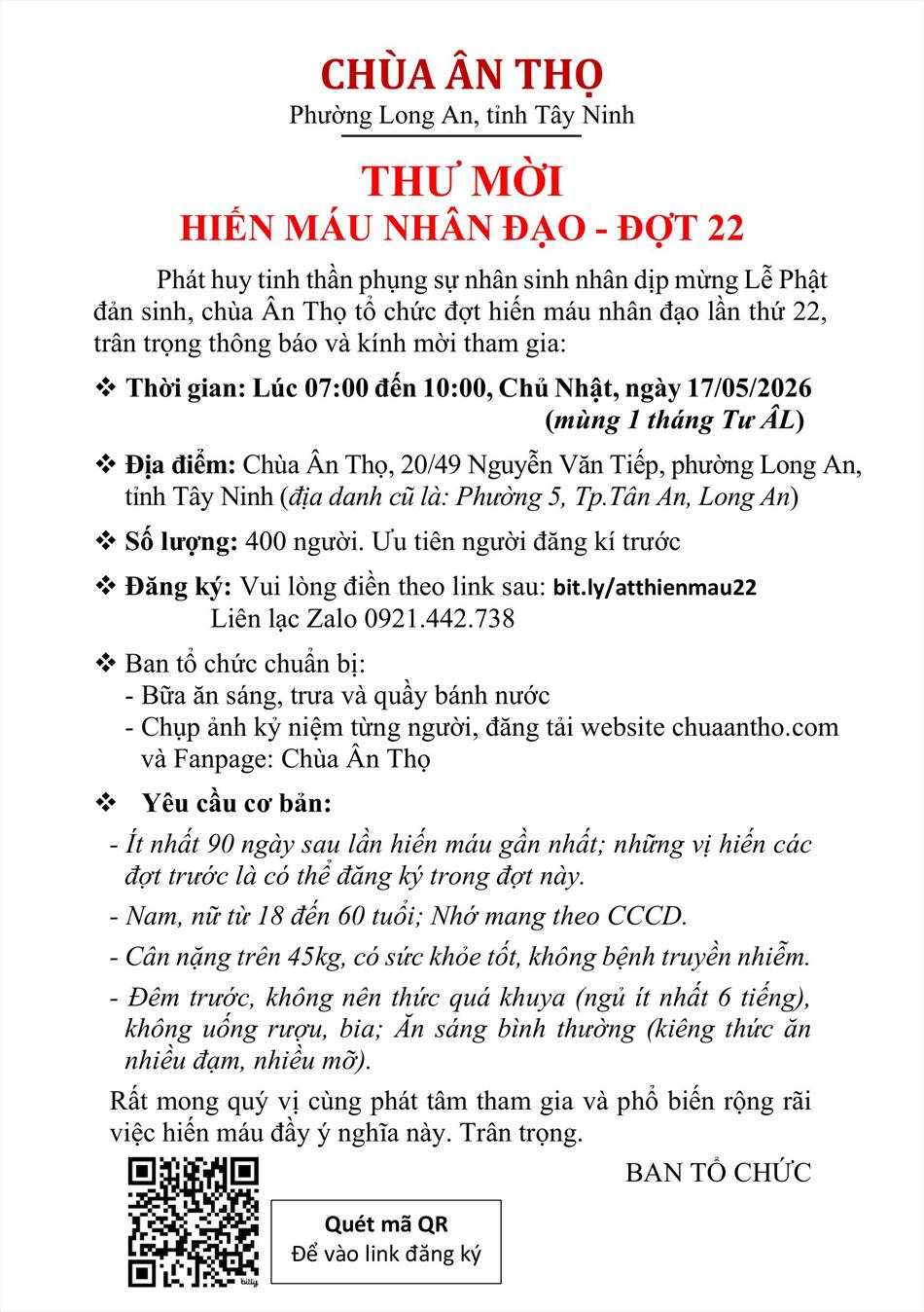 THƯ MỜI HIẾN MÁU NHÂN ĐẠO - ĐỢT 22