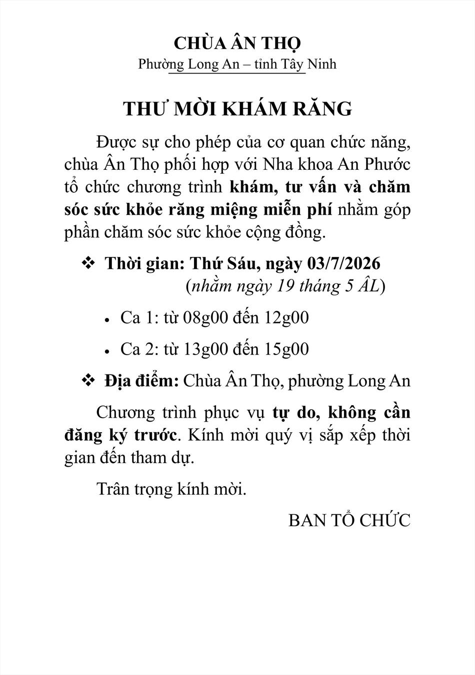Thư mời khám răng
