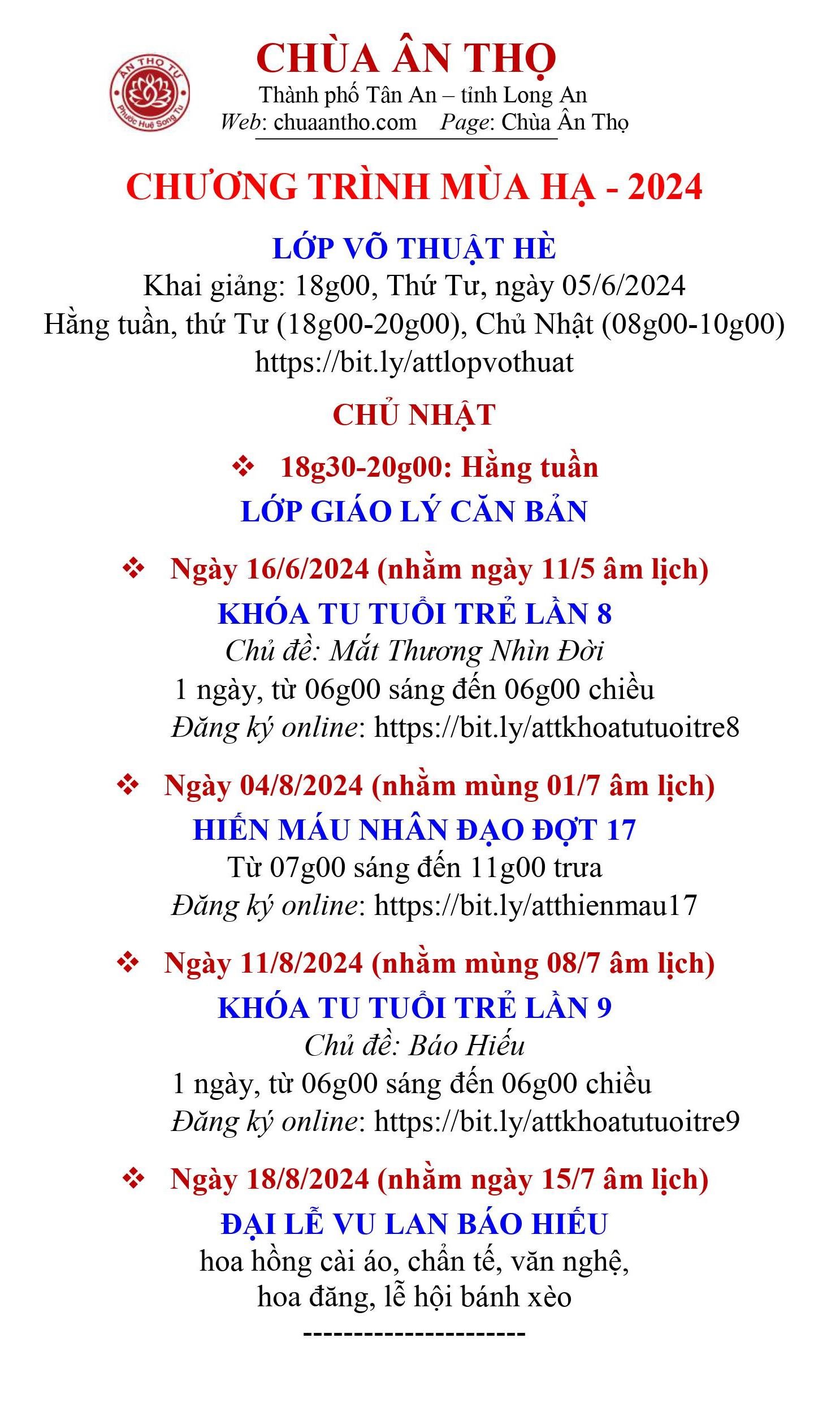 LỊCH TRÌNH HÈ 2024